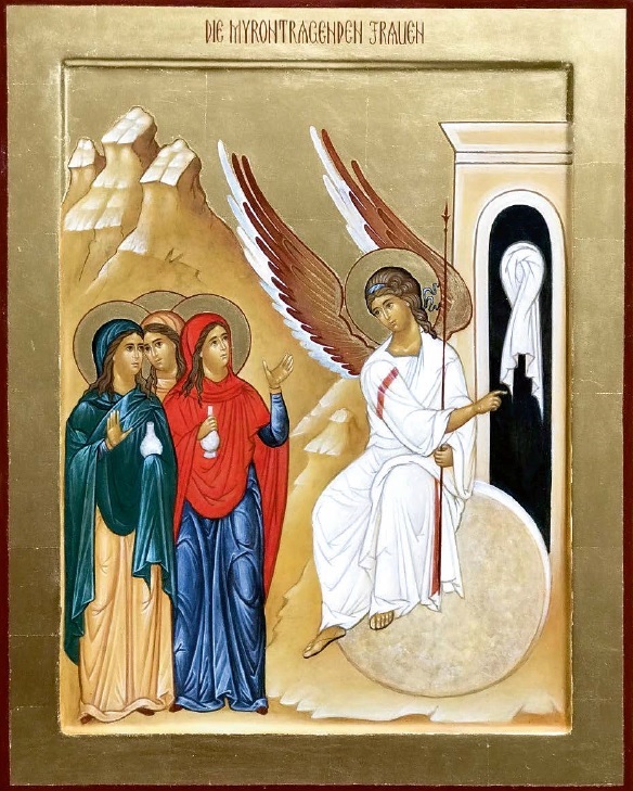 Eine der bekanntesten Ikonenmotive ist die Ankunft der Frauen am leeren Grab Jesu (Künstlerin: Sonja Skrepek, Wien).